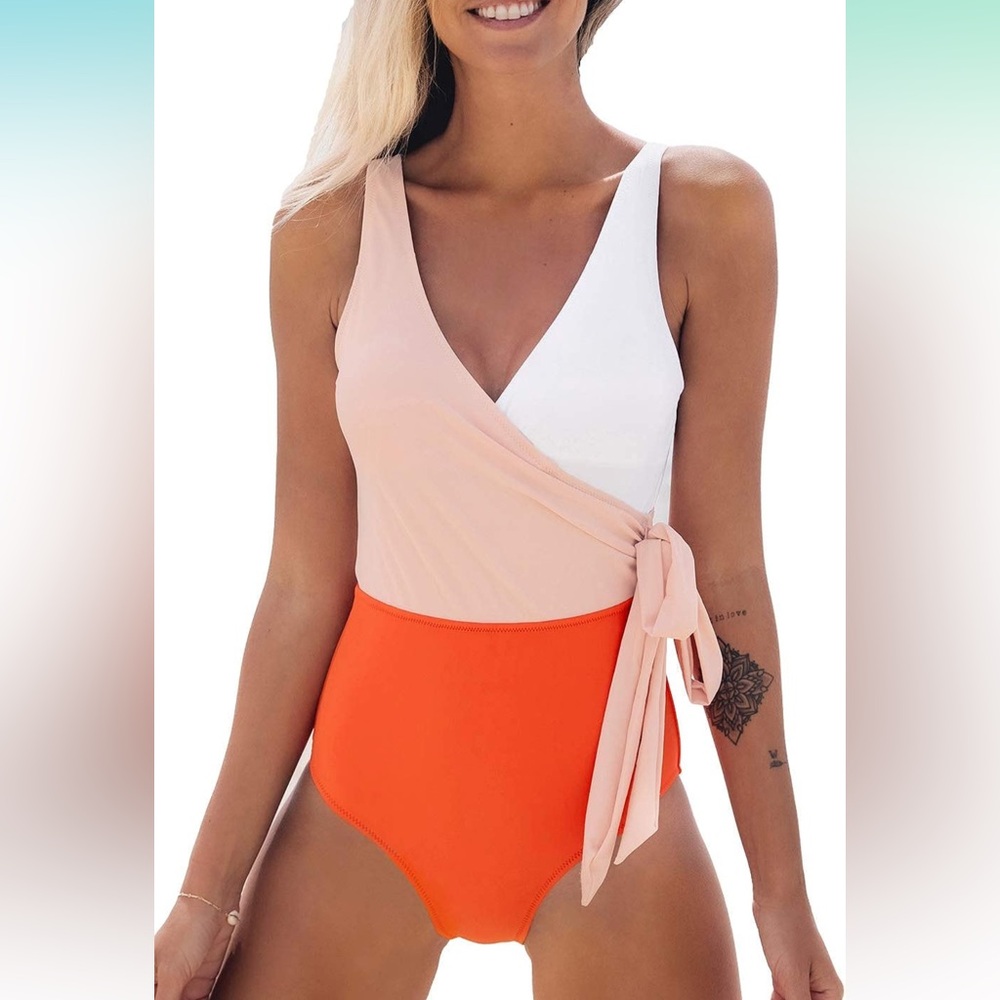 NWT CUPSHE Women's One Piece Swimsuit Wrap Color Block Tie Side